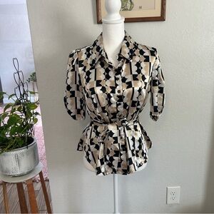 John Paul Richard black cream patterned polka dot satin blouse with tie waist